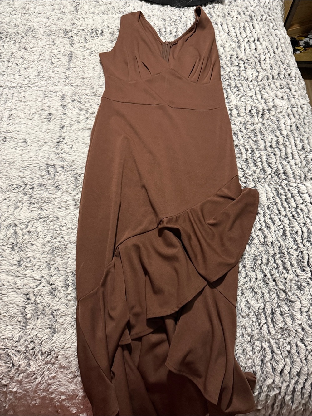 Elegant Brown Ruffle Hem Womens Dress